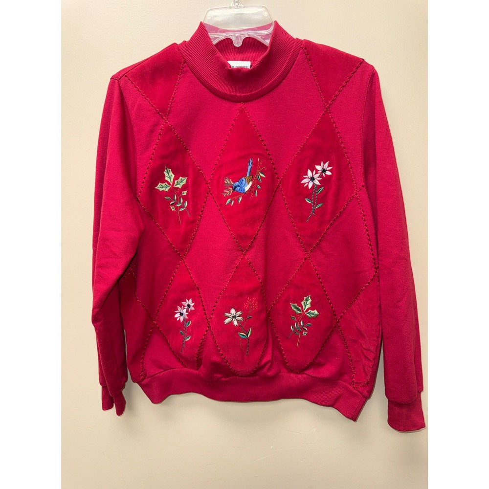 Alfred Dunner Red Embroidered Floral Bird Mock Neck Sweatshirt Medium Vintage 90